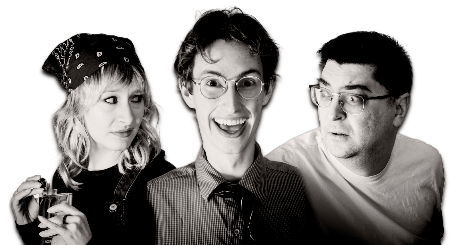 Black and white photo of a sad woman holding a flask, looking over her shoulder at a man with glasses smiling in an unsettling way, while a second man wearing glasses looks over his shoulder fearfully at the smiling man.